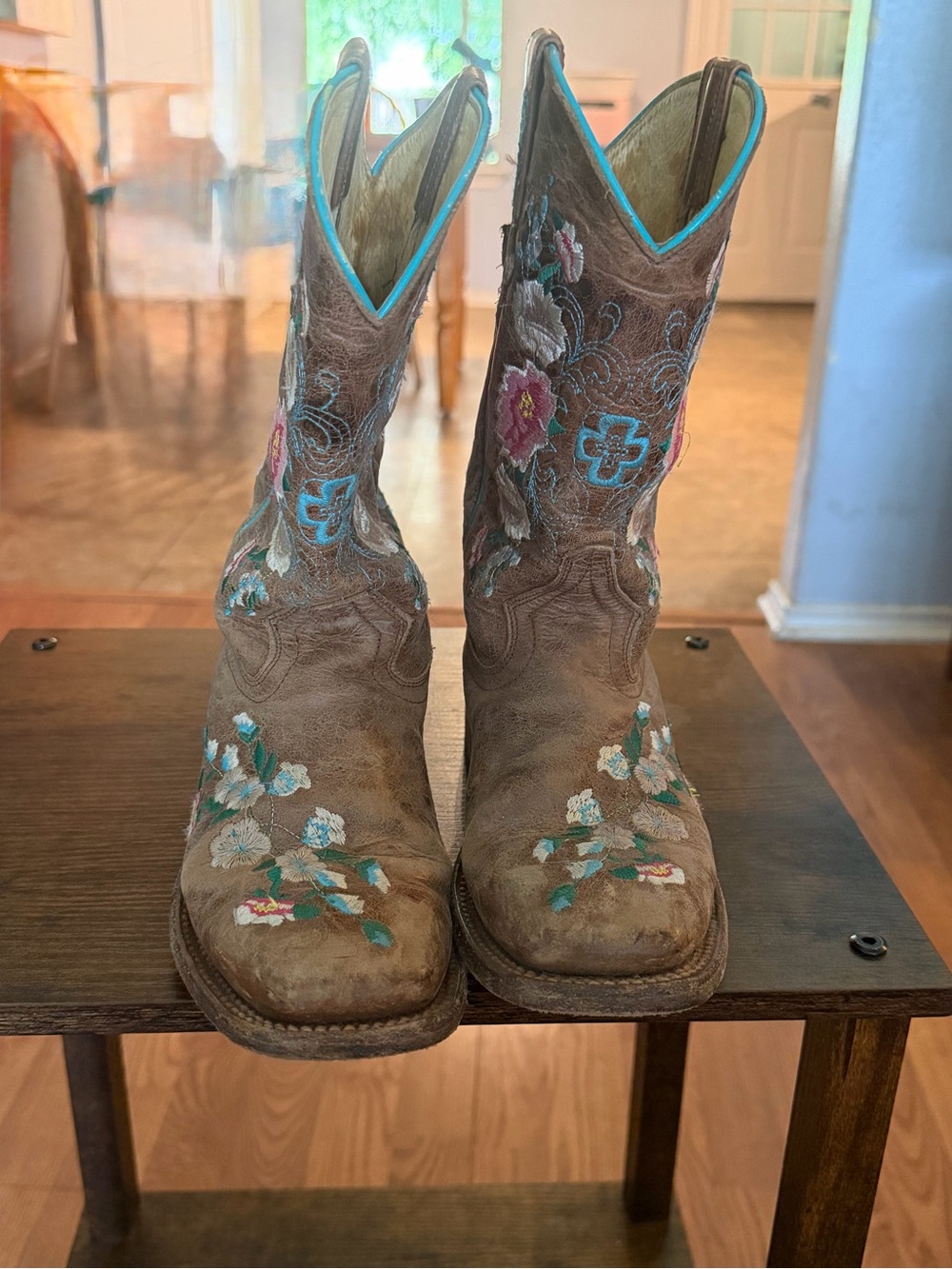 Macie Bean Brown Kids Embroidered Cowboy Boots with Teal Accents